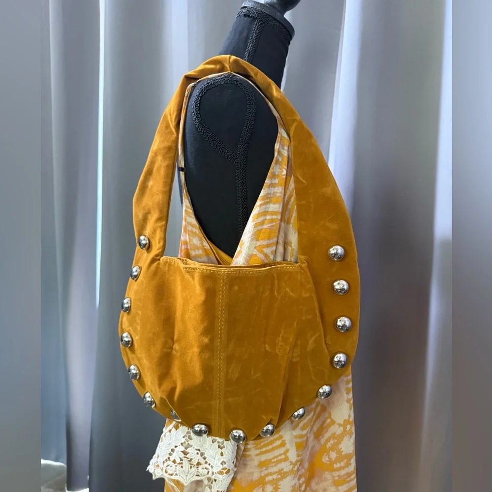Mustard Yellow Velvet Studded Shoulder Bag - Picture 1 of 3